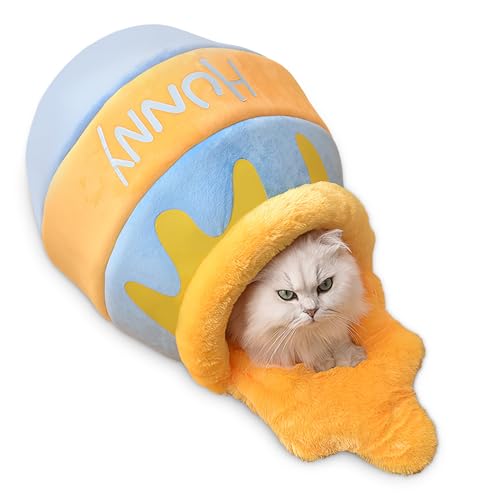 ALLSOPETS Gemütliches Honigtopf-Katzenhöhlenbett für Hauskatzen Weiches Bequemes Haustierbett für Katzen und Kleine Hunde Halboffenes Design Hundebett mit Abnehmbares Pad (Blau,M) von ALLSOPETS