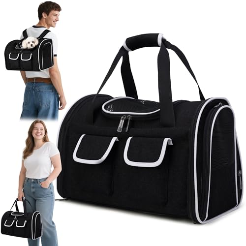 ALLSOPETS Faltbarer Katzenrucksack für große Katzen & kleine Hunde, Atmungsaktive Hundetragetasche mit herausnehmbarem Kissen & Taschen, Haustiertasche bis 10kg (Tintenschwarz, L) von ALLSOPETS