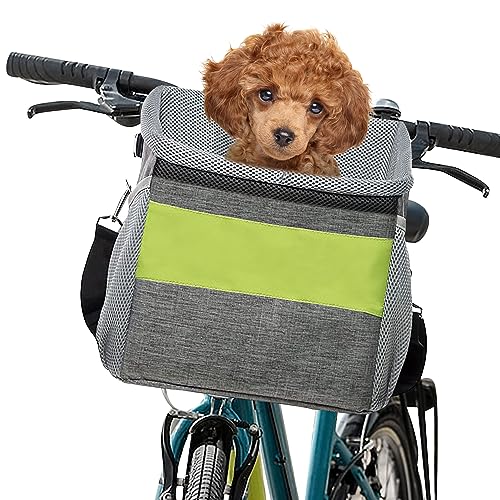 ALLSOPETS Haustier Fahrradtasche für Hunde Katzen, Fahrradkorb Vorne für Kleine Hunde, Faltbar Hundetasche Hundekorb mit Sicherheitsgurt, Schnellentriegelung, Einfache Installation Grau von ALLSOPETS
