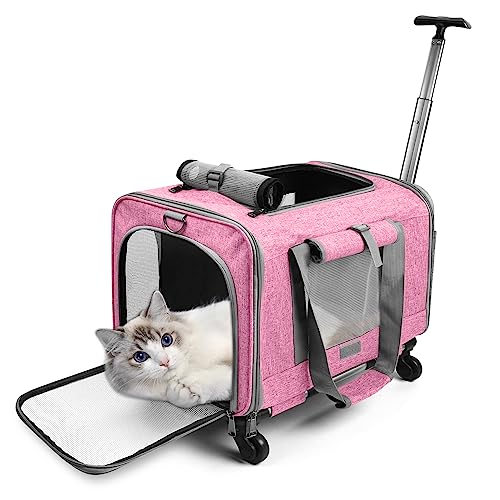 ALLSOPETS Haustierträger mit Rädern für Katzen und Hunde Luftfahrt Zugelassen mit Ausziehbarem Griff Abnehmbaren Rädern und Schultergurt Tragbare Tasche für kleine Tiere Rosa von ALLSOPETS