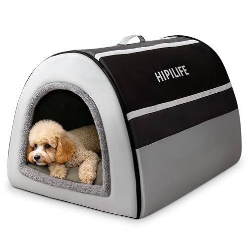 ALLSOPETS Hundebett 2-in-1 Faltbares Selbstwärmendes Haustierzelt Höhlenbett für Katzen und kleine bis mittelgroße Hunde Tragbares Hundehäuschen mit Griffen (Skandinavisches Grau, L) von ALLSOPETS