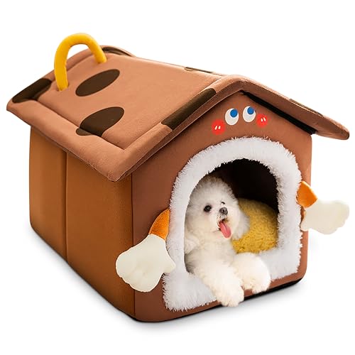 ALLSOPETS Hundehütte Cartoon Niedliches Katzenhaus Faltbare Hundehütte mit Abnehmbarem Kissen Katzen und Welpenunterkunft Winter Warmes Bequemes Haustierhütte (Braun,L) von ALLSOPETS