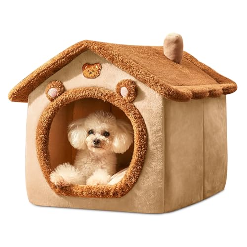 ALLSOPETS Hundehütte Indoor Faltbares Katzenhöhlenbett Warmes und Gemütliches Hundebett mit Abnehmbarem Kissen Bequemes Haustierbett für Hunde Katzen Welpen Kätzchen (Braun, M) von ALLSOPETS