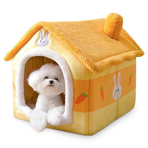 ALLSOPETS Hundehütte Indoor Faltbares Katzenhöhlenbett Warmes und Gemütliches Hundebett mit Abnehmbarem Kissen Bequemes Haustierbett für Hunde Katzen Welpen Kätzchen (Gelb, M) von ALLSOPETS
