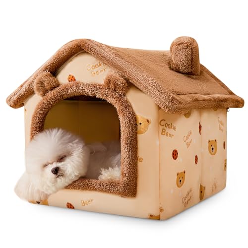 ALLSOPETS Hundehütte Indoor Faltbares Katzenhöhlenbett Warmes und Gemütliches Hundebett mit Abnehmbarem Kissen Bequemes Haustierbett für Hunde Katzen Welpen Kätzchen (Khaki, M) von ALLSOPETS