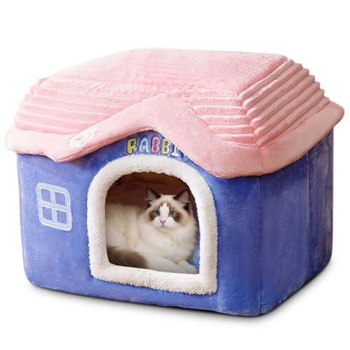 ALLSOPETS Hundehütte für Katzen Katzenhaus Hundehöhle Katzenhöhlenbett Innenbereich Faltbare Wasserdicht Wetterfester Haustierhaus mit Rutschfestem Boden für Kleine Hund Katze (Blau, L) von ALLSOPETS
