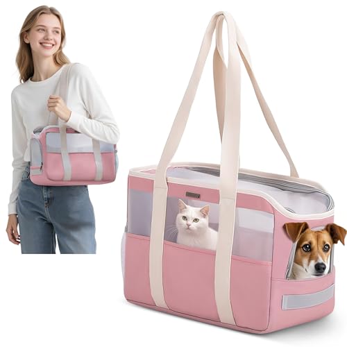 ALLSOPETS Weiche Tragetasche für Kleine Hunde Katzen, Faltbare Atmungsaktive Hundetasche mit Sicherheitsleine, Leichte Haustiertasche für Reisen Tierarztbesuche Outdoor (Pastell Rosa) von ALLSOPETS