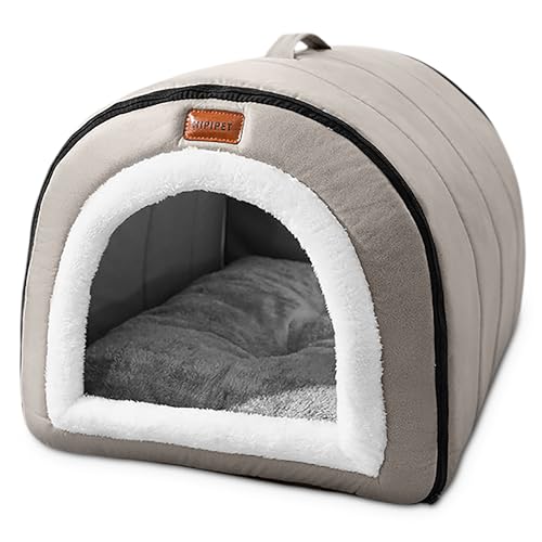 ALLSOPETS Katzen Hundebett Selbstwärmendes 2-in-1-Faltbett für Haustiere mit Griffen an der Oberseite Haustierhöhlenbett für Katzen Welpen Katzen Iglu Bett mit Rutschfester Unterseite (Grau, M) von ALLSOPETS