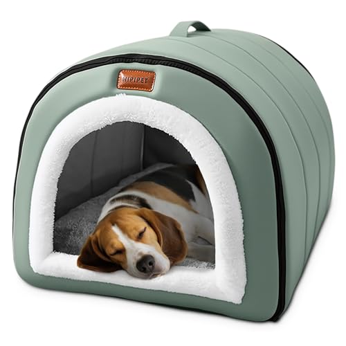 ALLSOPETS Katzen Hundebett Selbstwärmendes 2-in-1-Faltbett für Haustiere mit Griffen an der Oberseite Haustierhöhlenbett für Katzen Welpen Katzen Iglu Bett mit Rutschfester Unterseite (Grün, L) von ALLSOPETS