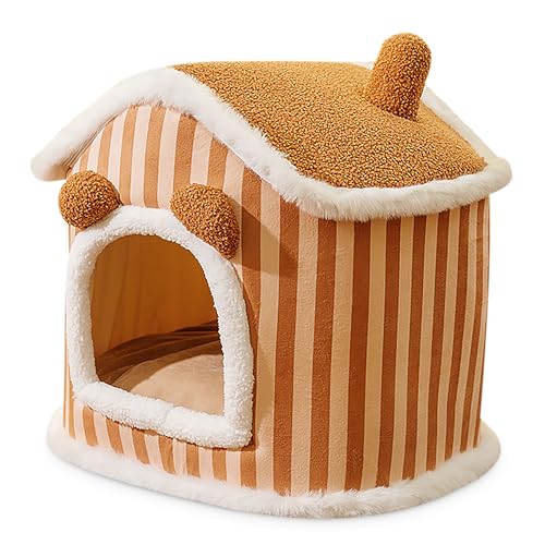 ALLSOPETS Katzenhaus Cartoon Süßes Hundehaus Warmer Haustier-Winterschutz für Katzen Hundewäsche Hundehütte mit Abnehmbarem Kissen Umschlossenes Schornsteinkatze Haus (Braun,M) von ALLSOPETS