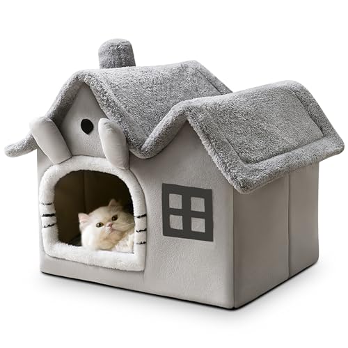 ALLSOPETS Katzenhaus Hundehöhle Hundehütte Indoor Faltbares Hundehaus mit Dach & Abnehmbarem Kissen, Warmes Waschbares Katzennest für Katzen Welpen Kleine Hunde (Graue Katze, M) von ALLSOPETS