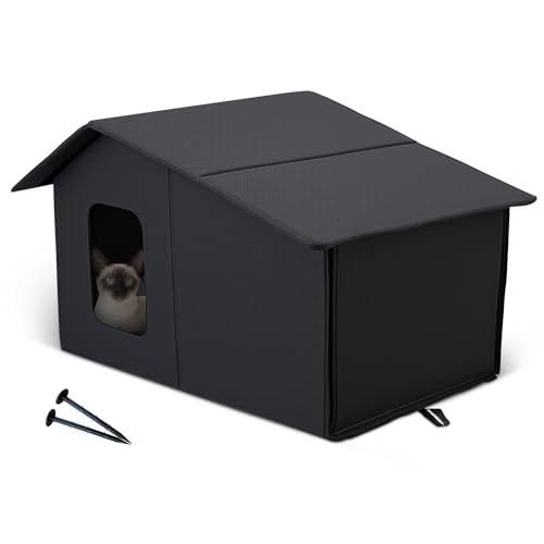 ALLSOPETS Katzenhaus Outdoor Winterfest, Großes Wetterfestes Katzenhaus für Draußen & Drinnen, Faltbare Katzenhütte mit Abnehmbarer Weicher Matte für den Winter (Mitternachtsschwarz) von ALLSOPETS