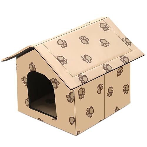 ALLSOPETS Katzenhaus Wasserdicht, Zusammenklappbarer Warmer Unterschlupf für Katzen im Freien/Innenraum mit Abnehmbarer Weicher Matte, Wetterfestes Haustierhaus für kleine Hundekatzen, Beige von ALLSOPETS