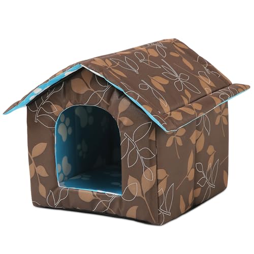 ALLSOPETS Katzenhaus Wasserdicht, Zusammenklappbarer Warmer Unterschlupf für Katzen im Freien/Innenraum mit Abnehmbarer Weicher Matte, Wetterfestes Haustierhaus für kleine Hundekatzen, Braun von ALLSOPETS