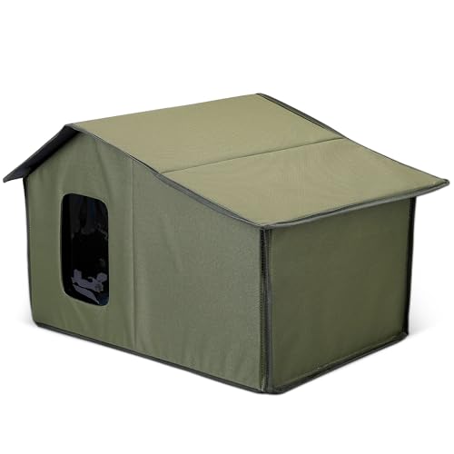 ALLSOPETS Katzenhaus Outdoor Winterfest, Großes Wetterfestes Katzenhaus für Draußen & Drinnen, Faltbare Katzenhütte mit Abnehmbarer Weicher Matte für den Winter (Waldgrün) von ALLSOPETS