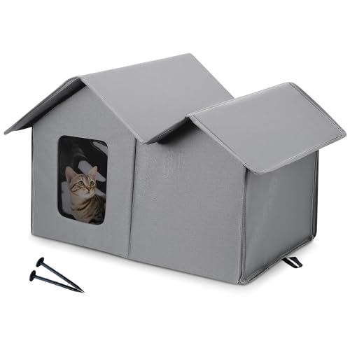 ALLSOPETS Katzenhaus im Freien, Wetterfestes Großes Katzenhaus für Katzen im Freien/Innenraum, Zusammenklappbares Wärmendes Kaltwetterhaus mit Abnehmbarer Matte, für kleine Hunde Katzen, Grau von ALLSOPETS