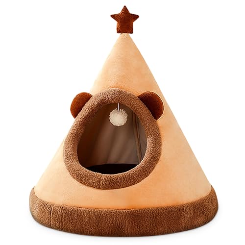 ALLSOPETS Katzenhöhle Bettnest Süßes Katzenhaus Hundeiglu mit Abnehmbarer Polsterung warmes Winter-Haustierbett für Katzen Welpen Kleine Hunde Innenhausbett für Verbessertes Schlafen (Braun,L) von ALLSOPETS
