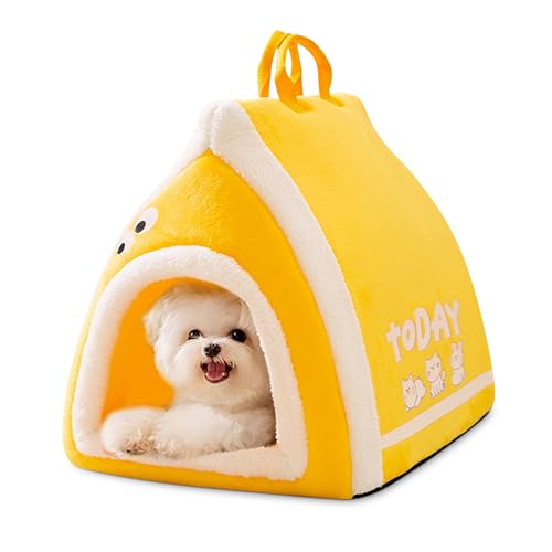 ALLSOPETS Katzenhöhle Haustierzelt für Katzen und Kleine Hunde Weiches Katzenbett für Innen mit Abnehmbarem Waschbarem Kissen und Rutschfestem Boden Bequemes Hunde-Iglu (Gelb, XL) von ALLSOPETS