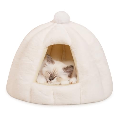 ALLSOPETS Katzenhöhlenbett Haustierzelt Kuscheliges Warmes Hundebett mit Abnehmbarem Waschbarem Kissen Igloo-Nest für Kleine bis Mittelgroße Hunde Katzen (Schneeweiß, L) von ALLSOPETS