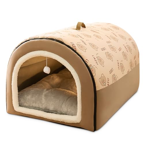 ALLSOPETS Katzenhöhlenbett Süßes Hundebetthaus mit Griffen Oben Haustierbett für Katzen und Welpen Tragbares Hunde Iglu mit Rutschfester Unterseite und Abnehmbarem Kissen (Braun, XL) von ALLSOPETS