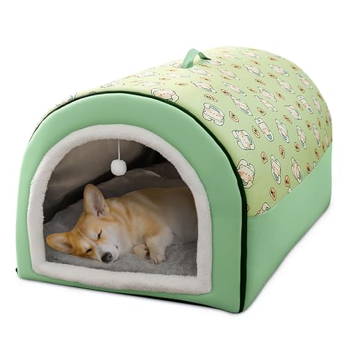 ALLSOPETS Katzenhöhlenbett Süßes Hundebetthaus mit Griffen Oben Haustierbett für Katzen und Welpen Tragbares Hunde Iglu mit Rutschfester Unterseite und Abnehmbarem Kissen (Grün, L) von ALLSOPETS