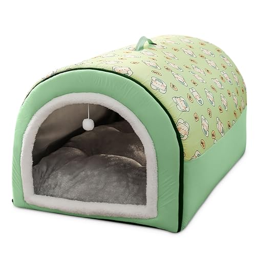 ALLSOPETS Katzenhöhlenbett Süßes Hundebetthaus mit Griffen Oben Haustierbett für Katzen und Welpen Tragbares Hunde Iglu mit Rutschfester Unterseite und Abnehmbarem Kissen (Grün, XL) von ALLSOPETS