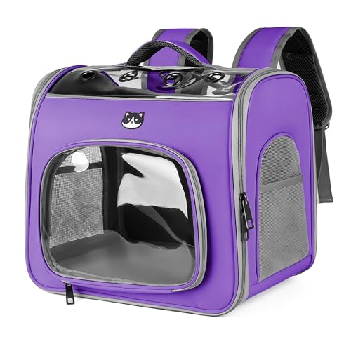 ALLSOPETS Katzenrucksack Faltbar Haustierrucksack mit Frontöffnung und Atmungsaktives Netzfenster Hunderucksack Perfekt für Reisen Wandern Spazierengehen mit Hunde Katzen und Haustieren Lila von ALLSOPETS