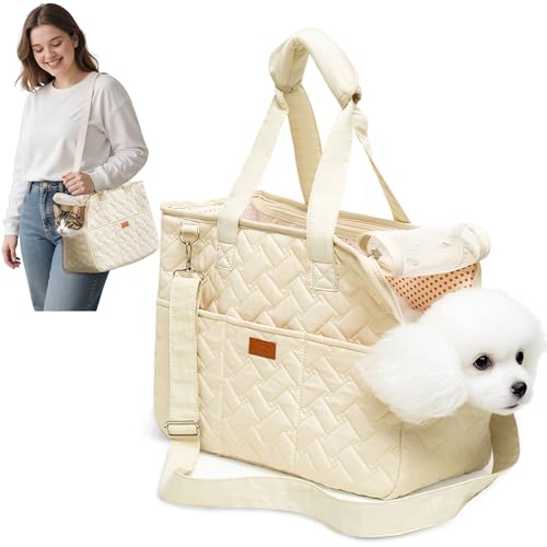 ALLSOPETS Katzentrage, Weiche Hundetransportbox für Kleine Hunde, Tragbare Transportbox für Hunde, Reisezubehör, Zubehör für Welpenhandtasche mit Verstellbarer Sicherheitsleine (Cremeweiß, S) von ALLSOPETS