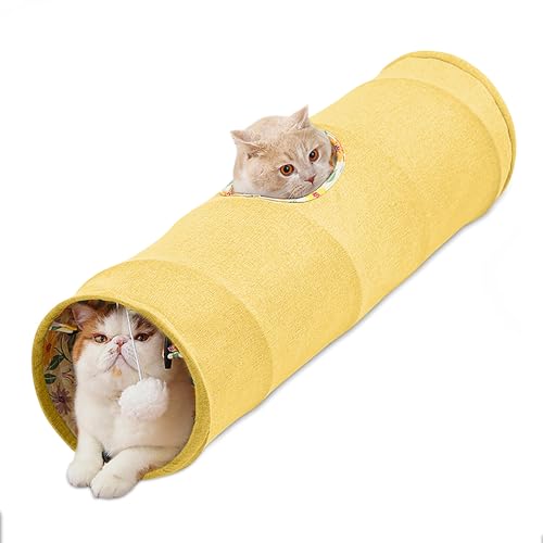 ALLSOPETS Katzentunnel Spielzeug für Hauskatzen, Faltbarer Großer Katzenspieltunnel für Kleine, Mittlere und Große Katzen, Kaninchentunnel mit Haustier-Spielzeugball, Gelb von ALLSOPETS