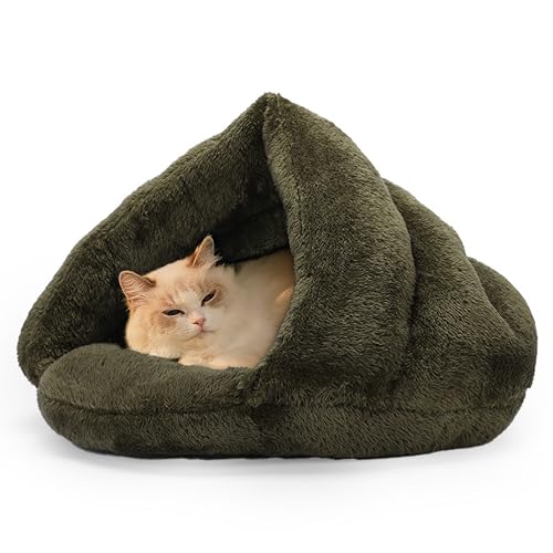 ALLSOPETS Hundebett Katzenhöhle Gemütliches Zelt für Katzen Kleine Hunde und Welpen Dreieckiges Haustierbett mit Rutschfester Unterseite für Komfortablen Schlaf (Tannengrün, L) von ALLSOPETS