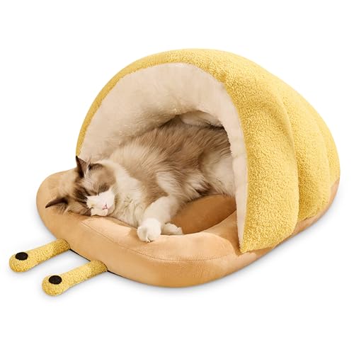ALLSOPETS Süßes Katzenhöhlenbett Gemütliches Haustierzelt für Katzen kleine Hunde Warmes Hundeeisbett mit abnehmbarem waschbarem Kissen Weiches Katzennest (Gelb, L) von ALLSOPETS