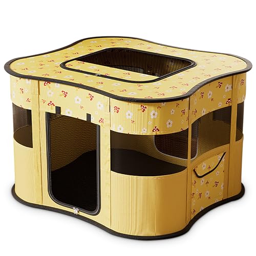 ALLSOPETS Tragbarer Welpenauslauf Hundebox Faltbarer Haustier-Laufstall für Katzen Hunde Zelt Abnehmbar Transportbox Freigehege für Katze Kaninchen Haustier mit Seitentasche (Gelb,L) von ALLSOPETS