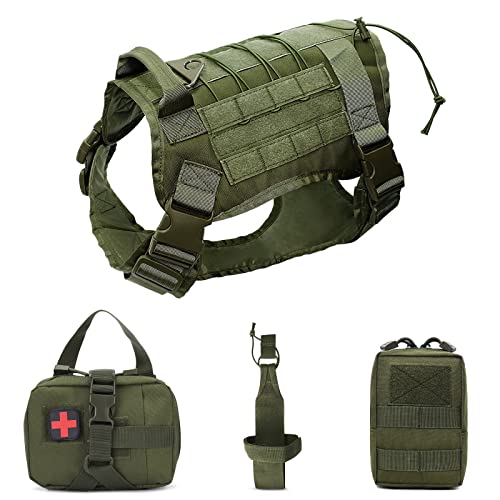 Hundegeschirr und MOLLE System Set- ALLSOPETS Hundegeschirr für Mittel Groß Hunde Hundewestengeschirr mit Wasserflaschentasche Medizinische Erste Hilfe Tasche und Mehrzwecktasche Grün M von ALLSOPETS