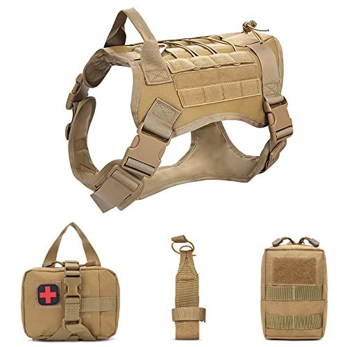 ALLSOPETS Hundegeschirr mit MOLLE System Geschirr für Mittel- und Große Hunde mit Wasserflaschentasche Erste-Hilfe-Tasche und Mehrzwecktasche (Khaki, XL) von ALLSOPETS