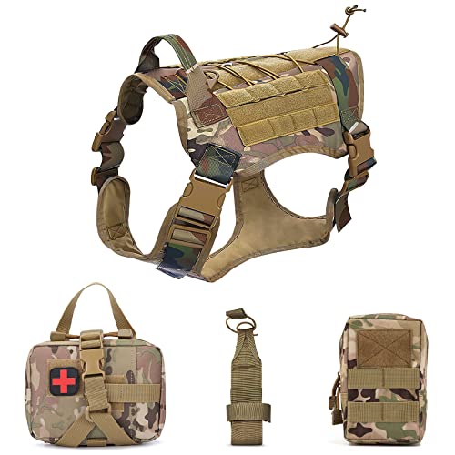 Hundegeschirr und MOLLE System Set- ALLSOPETS Hundegeschirr für Mittel Groß Hunde Hundewestengeschirr mit Wasserflaschentasche Medizinische Erste Hilfe Tasche und Mehrzwecktasche Tarnfarbe M von ALLSOPETS