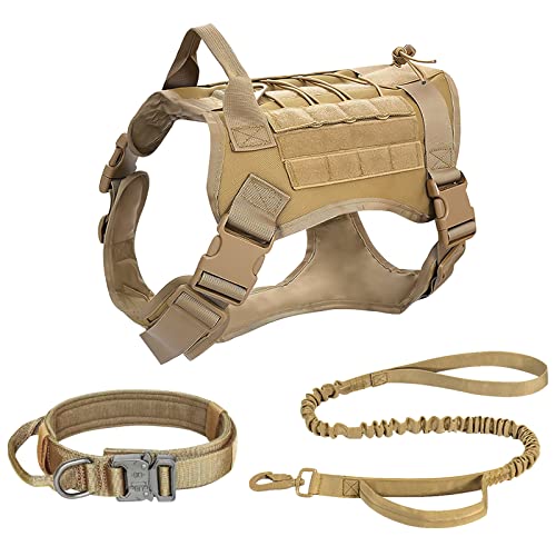 Taktisches Hundegeschirr Hundehalsband und Leine 3 Set - ALLSOPETS Hundegeschirr für Mittel Groß Hunde Hundewestengeschirr mit Hundehalsband und Leine für Draussen Ausbildung Gehen Khaki L von ALLSOPETS