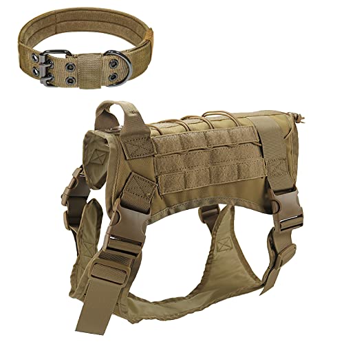 ALLSOPETS Taktisches Hundegeschirr und Hundehalsband 2 Satz Hundegeschirr für Mittel Groß Hunde Hundewestengeschirr mit Hundehalsband für Draussen Ausbildung Gehen Khaki XL von ALLSOPETS