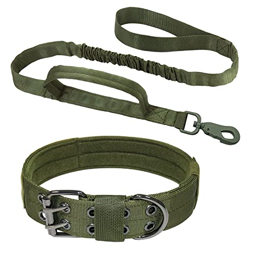 Taktisches Hundehalsband und Leinen Satz – ALLSOPETS Hundehalsband mit Hundeleine und Steuergriff Bequem Einstellbar Haustierhalsband für Mittlere Große Hunde Outdoor Abenteuer Grün L von ALLSOPETS