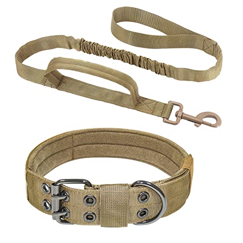 ALLSOPETS Taktisches Hundehalsband und Leinen Satz Hundehalsband mit Hundeleine und Steuergriff Bequem Einstellbar Haustierhalsband für Mittlere Große Hunde Outdoor Abenteuer Khaki L von ALLSOPETS