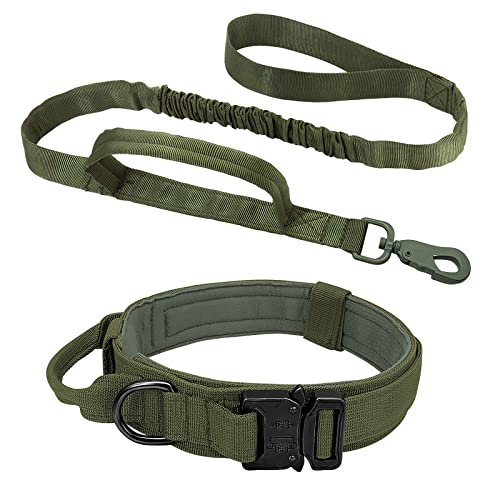 Taktisches Hundehalsband und Leinen Set – ALLSOPETS Hundehalsband mit Hundeleine und Steuergriff Verstellbares Militärisches Hundehalsband für Mittlere Große Hunde Outdoor Abenteuer Grün M von ALLSOPETS