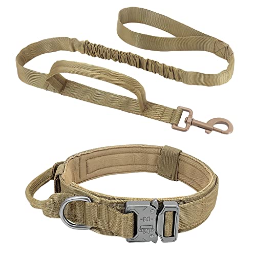 Taktisches Hundehalsband und Leinen Set – ALLSOPETS Hundehalsband mit Hundeleine und Steuergriff Verstellbares Militärisches Hundehalsband für Mittlere Große Hunde Outdoor Abenteuer Khaki L von ALLSOPETS