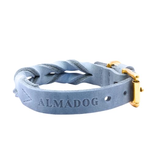 ALMADOG® Hundehalsband Abby - Geflochtenes Fettleder Silbergrau XS (27-33cm Halsumfang, 2cm breit) von ALMADOG