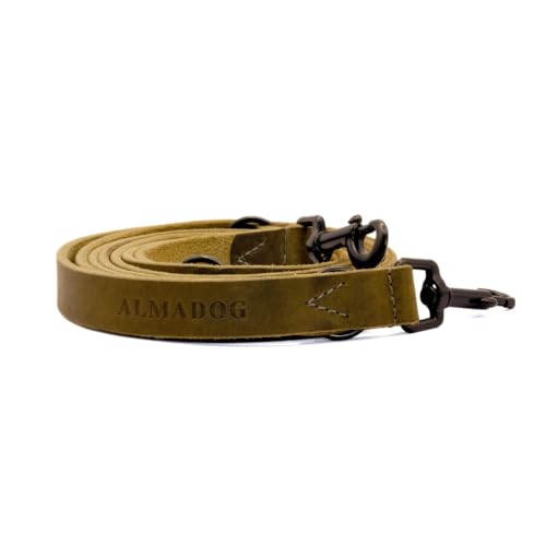 ALMADOG® Verstellbare Hundeleine Joker - Umhängeleine aus nachhaltigem Leder - Made in Germany - Olivgrün (20mm x 230cm) von ALMADOG