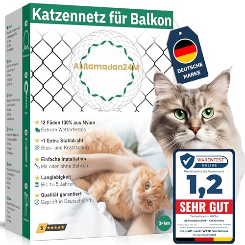 Premium Katzennetz für Balkon - 3x4m in Olivgrün Extra Drahtverstärkt, Katzenschutznetz mit oder ohne Bohren Fensternetz Balkonnetz für Katzen Schutz Katzenschutz Fensterschutz Schutznetz, Cat Net von ALRamadan24M