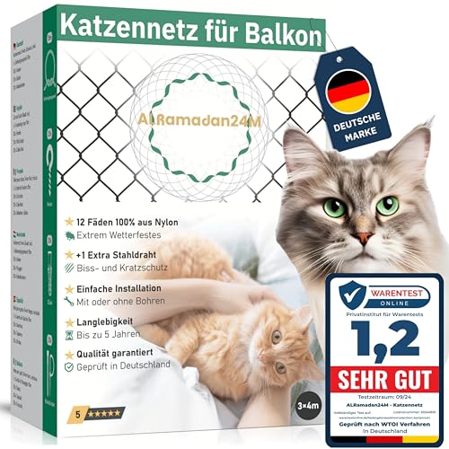 Premium Katzennetz für Balkon - 3x4m in Schwarz Extra Drahtverstärkt, Katzenschutznetz mit oder ohne Bohren Fensternetz Balkonnetz für Katzen Schutz Katzenschutz Fensterschutz Schutznetz, Cat Net von ALRamadan24M