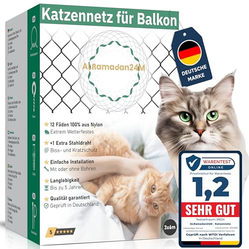 Premium Katzennetz für Balkon - 3x6m in Schwarz Extra Drahtverstärkt, Katzenschutznetz mit oder ohne Bohren Fensternetz Balkonnetz für Katzen Schutz Katzenschutz Fensterschutz Schutznetz, Cat Net von ALRamadan24M