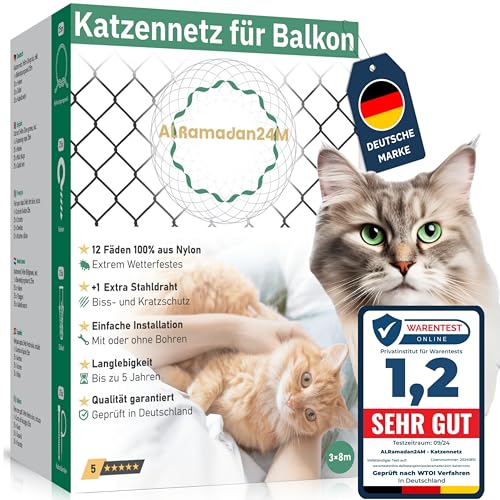 Premium Katzennetz für Balkon - 3x8m in Olivgrün Extra Drahtverstärkt, Katzenschutznetz mit oder ohne Bohren Fensternetz Balkonnetz für Katzen Schutz Katzenschutz Fensterschutz Schutznetz, Cat Net von ALRamadan24M
