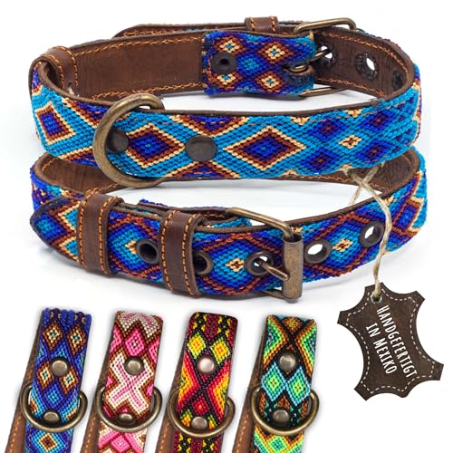 ALTEZAR Hundehalsband Leder - braunes Rindsleder Tribal Blau/Braun/Beigenes durchgehend Bestickt - Handgemacht in Mexiko Lederhalsband Hund - Größe S - für kleine Hunde von ALTEZAR