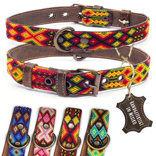 ALTEZAR Hundehalsband Leder - braunes Rindsleder Tribal Feuerrot durchgehend Bestickt gelb/orange/rot - Handgemacht in Mexiko Lederhalsband Hund - Größe m - für mittel-große Hunde von ALTEZAR