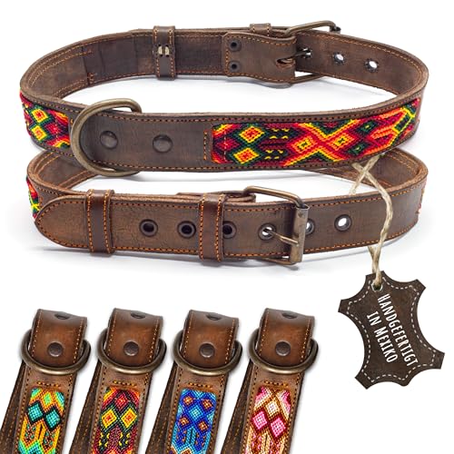 ALTEZAR Hundehalsband Leder - braunes Rindsleder Tribal Feuerrot durchgehend Bestickt gelb/orange/rot - Handgemacht in Mexiko Lederhalsband Hund - Größe XL - für sehr große Hunde von ALTEZAR